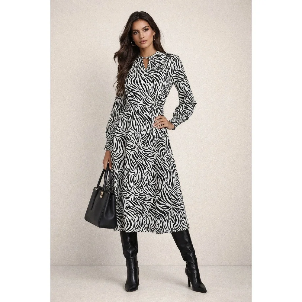 Halogen Dress Womens S Black White Animal Print Boho Chic Midi Modern Workwear